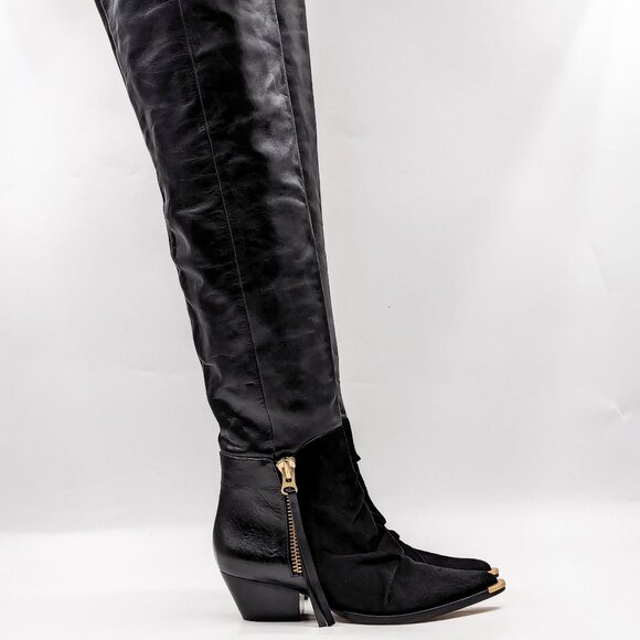 Schutz Women Tenia Western Cowboy Pinty Toe Black Leather OTK Boots size 5 - Picture 10 of 11